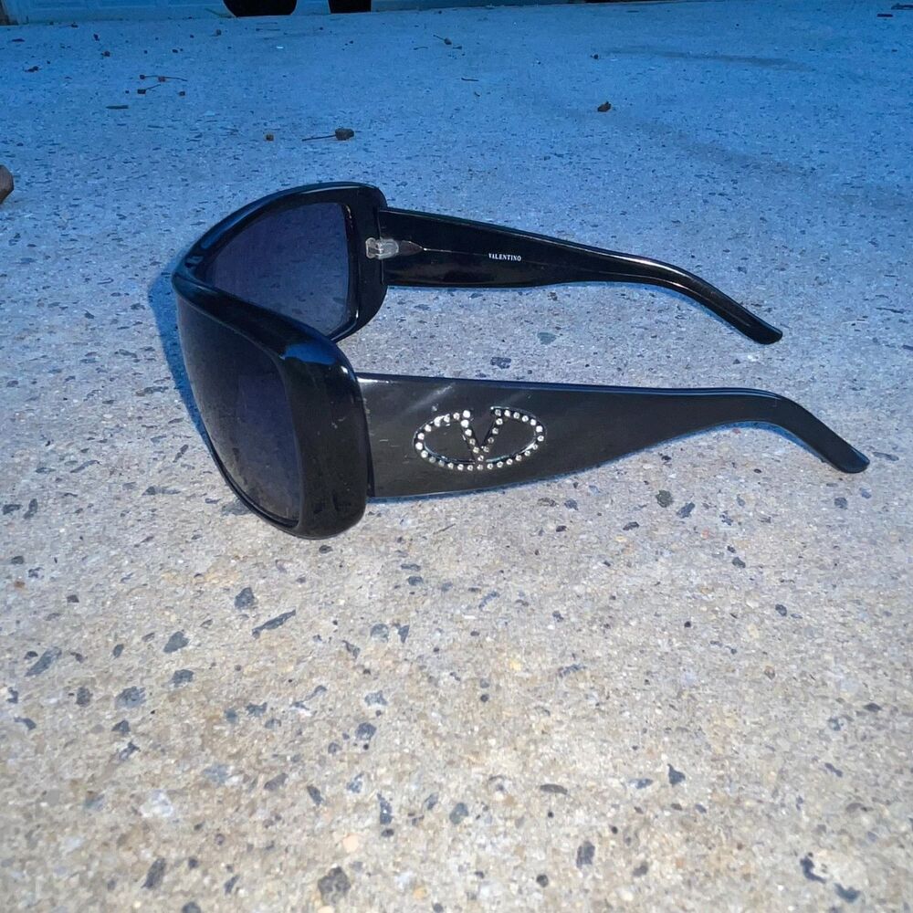 Vintage Valentino Sunglasses 5447S Black Shield Wraparound Rhinestone Logo Y2K